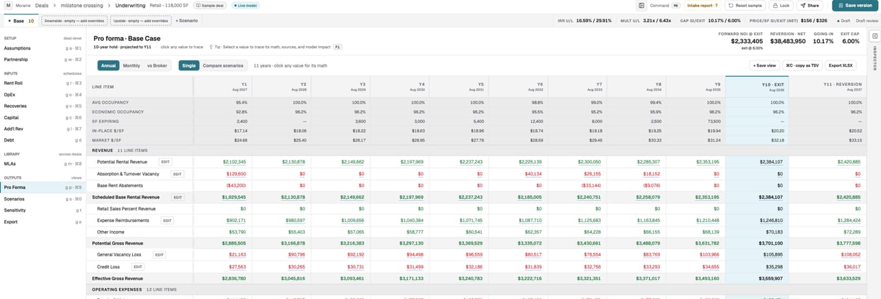 The actual Moraine sample-deal pro forma shows annual revenue and operating-expense rows.