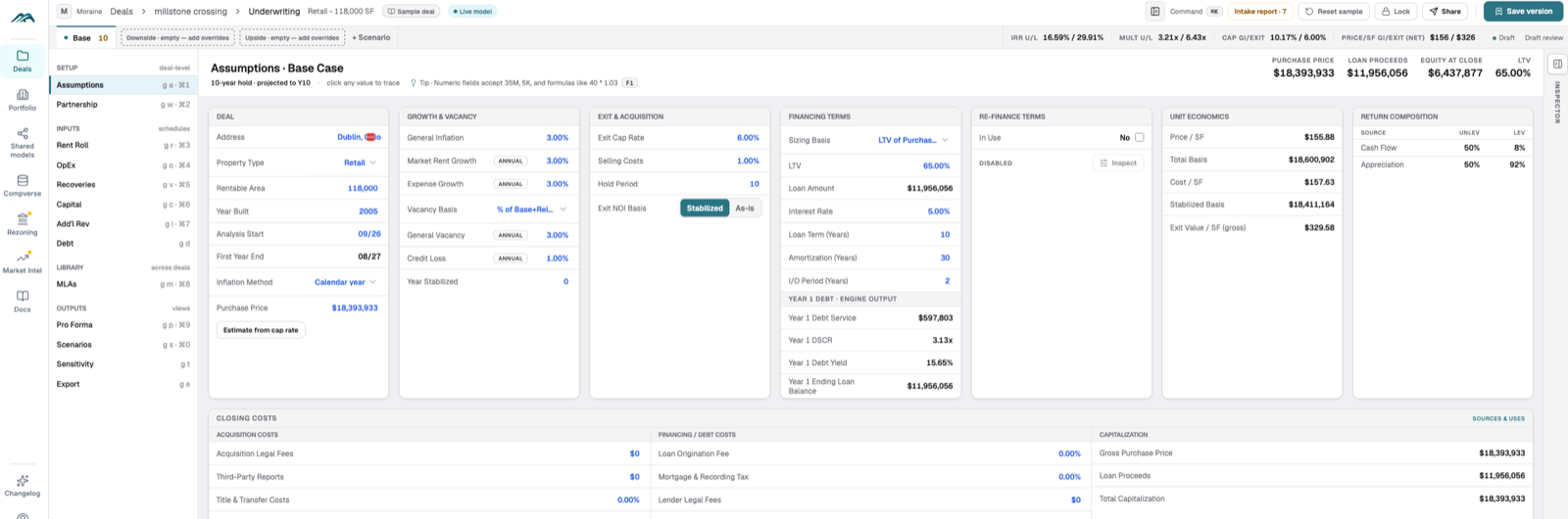 Moraine sample retail deal with editable assumptions, financing terms and unit economics.