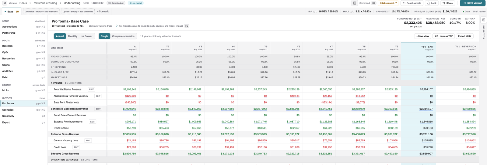 Moraine sample retail pro forma showing annual revenue schedules, reimbursements and an XLSX export control.